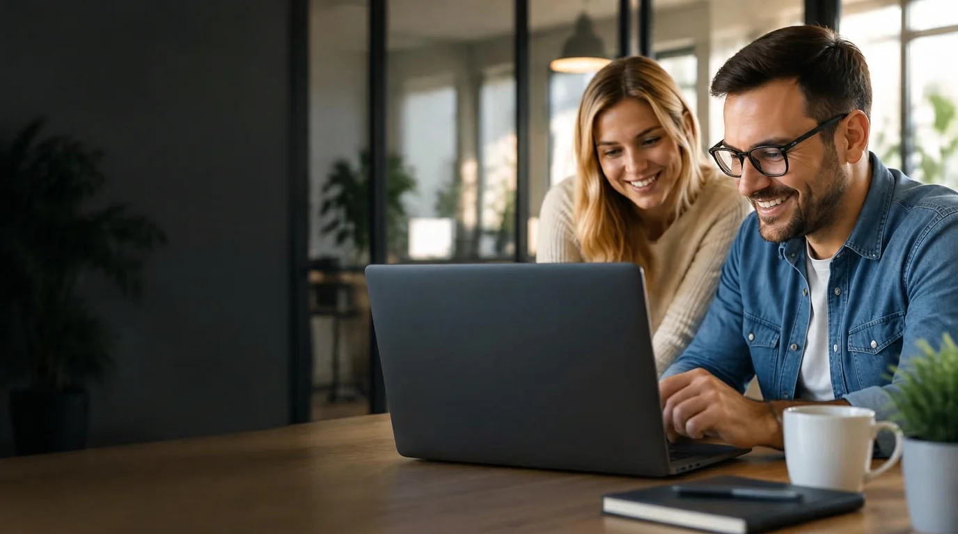 Business owners smiling at their custom dashboard